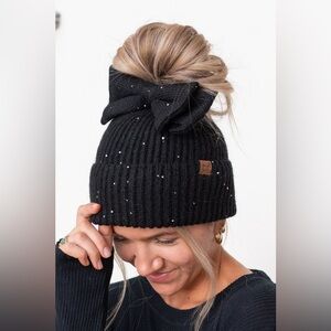 CC Boutique Black Knit Beanie with Bow